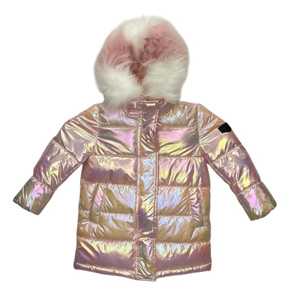 Sam Edelman Iridescent Pink Puffer Coat Size 4T Quilted Fur Trim Hood Jacket NWT - Picture 1 of 6
